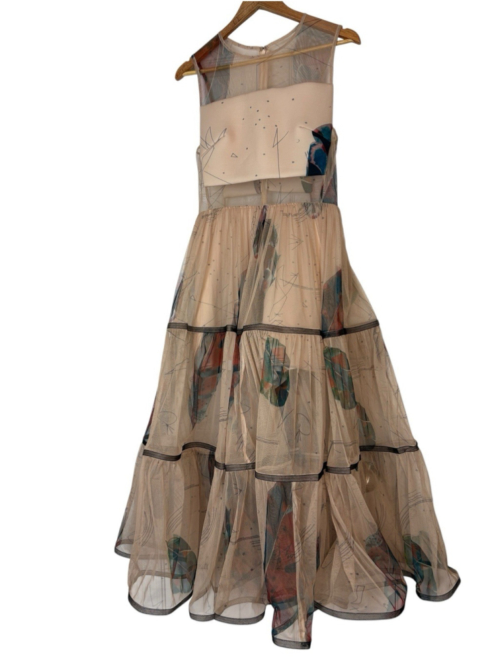 RARE Gauri & Nainika x KOOVS Dress Beige Mesh Tiered Maxi Gown Cutout Print XL - Picture 4 of 12